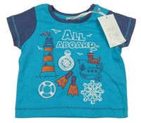 Nové - modrozeleno-tmavomodré tričko s majákem a kormidlem a nápismi miniclub