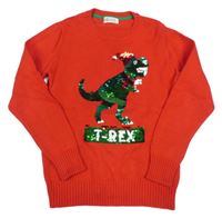 Červený sveter s dinosaurom s překlápěcích flitrů s vánočním motívom H&M