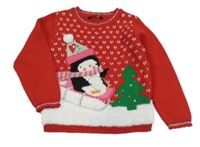 Červeno-biely sveter s tučňákem a stromkem George