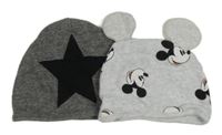 2x bavlněná čepice - šedá melírovaná s Mickeym + tmavošedá žebrovaná s hviezdou