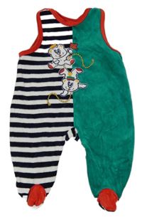 Zeleno-tmavomodro-bílé sametové dupačky s medvěďom a pruhmi