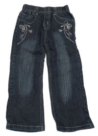 Tmavomodré rifle s výšivkami květů