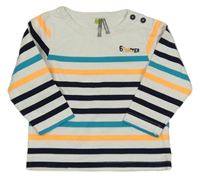 Bílo-tmavomodro-neonově oranžové pruhované mikinotriko s nápisom Orchestra