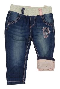 Tmavomodré podšité kalhoty riflového vzhledu s výšivkami květin a úpletovým pasem Dopodopo