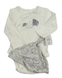 2 set - Biele body so slony + sivá čapica so slonmi George