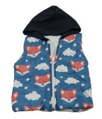 Modrá šusťáková zateplená vesta s liškami a teplákovou kapucí 