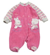 Ružový zamatový overal s pruhovanymi rukávy a zvieratkami