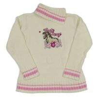 Smetanový svetr s růžovým lemem a koněm a rolákem C&A