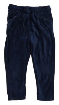 Tmavomodré sametové žebrované teplákové kalhoty se srdíčky Topomini