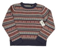 Ružovo-tmavomodro-biely vzorovaný vlnený sveter