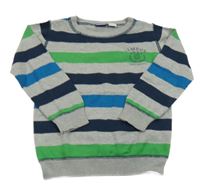 Sivo-tmavomodro-zelený pruhovaný ľahký sveter Lupilu