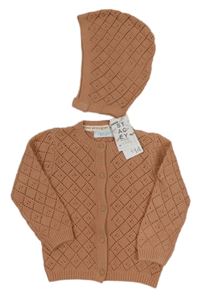 Nové - 2set - Broskvový perforovaný propínací svetr + čepice Primark