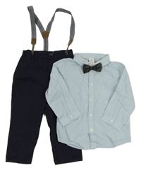 2set - Světlemodrá pruhovaná košile s motýlkem + tmavomodré plátěné kalhoty s kšandami H&M