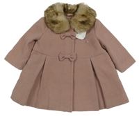 Nové - Starorůžový flaušový kabátek s mašlemi a kožešinovým límcem F&F