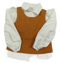 2set - Biela halenka + Okrová vzorovaná úpletová vesta