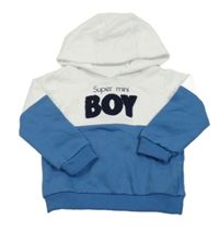 Bielo-modrá mikina s nápisom a kapucňou