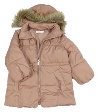 Růžová šusťáková zimní bunda s kapucí s kožešinou H&M