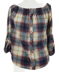 Dásmká tmavomodro-růžovo-bílá kostkovaná halenka s lodičkovým výstřihem Colloseum 