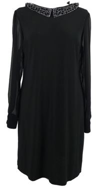 Dámske čierne šaty s šifónovymi rukávy a korálkovým golierikom Wallis