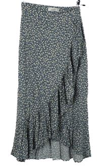 Dámska tmavomodro-béžová vzorovaná midi sukňa s volánikom Pull&Bear