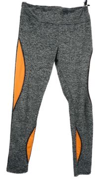 Dámské šedo-černo-oranžové melírované sportovní legíny 