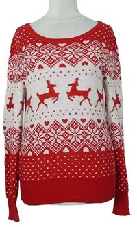 Dámsky červeno-biely vzorovaný sveter s jeleňmi