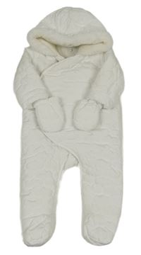 Bílá šusťáková prošívaná zimní kombinéza s kapucí+ rukavice Zip Zap