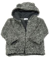 Černo-bílá melírovaná chlupatá podšitá propínací mikina s kapucí topomini