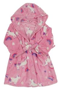 Růžový chlupatý župan s jednorožci a kapucí 