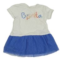 Bílo-modré bavlněno/tylové šay s nápisom