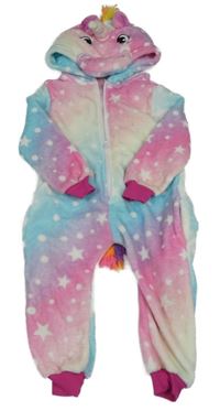 Kostým - Růžovo-modro-bílá vzorovaná chlupatá kombinéza jednorožec s kapucí 