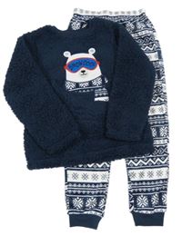 Tmavomodro-vzorované chlupato/plyšové pyžamo s medvědem Primark