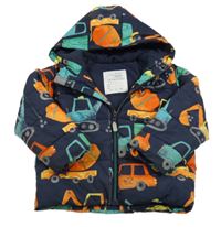Tmavomodrá šušťáková zimná bunda so stavebními stroji a kapucňou Nutmeg
