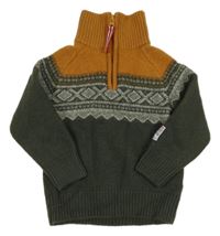 Khaki-medový vlněný svetr se vzorem