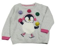 Strieborný ľahký sveter s tučňákem a bambulkami M&S