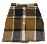 Béžovo-čierno-biela kockovaná sukňa s gombíky