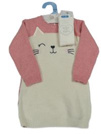 Nové - 2set - Růžovo-bílé svetrové šaty s kočkou + bílé punčocháče Primark