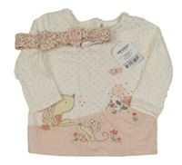 Nové - 2set - Bílo-růžové triko se zvířátky + růžová čelenka Next