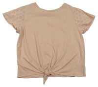 Pudrové crop tričko s uzlom a madeirou H&M