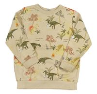 Světlebéžová melírovaná mikina s dinosaury a stany a palmami Tu
