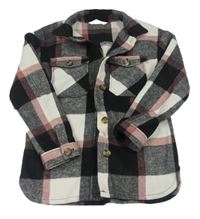 Černo-bílo-starorůžová kostkovaná vlněná košilová bunda H&M