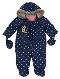 Tmavomodrá šusťáková zimní kombinéza s Mickey a kapucí s kožešinou + rukavice Bhs