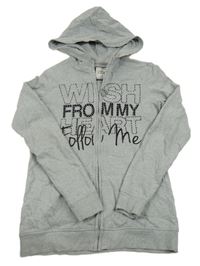 Šedá melírovaná propínací mikina s nápisy a kamínky a kapucí C&A