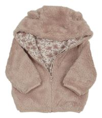 Světlepudrová chlpatá podšitá bunda s kapucňou s uškami Tu