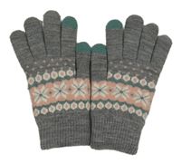 Šedo-světlerůžové melírované pletené prstové zateplené rukavice s vločkami a vzorem 