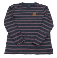 Černošedo-mahaganové pruhované žebrované/vzorované mikinotriko s nášivkou YIGGA