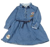 Modré riflové šaty s nášivkami a límečkem a páskem ORCHESTRA