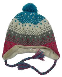 Tmavorůžovo-šedo-bílo-modrozelená vzorovaná pletená zateplená čepice s bambulí McKinley