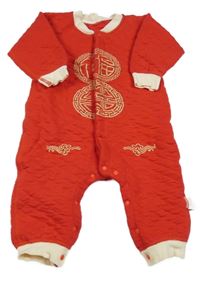 Červeno-smotanová prešívaná tepláková vyteplená kombinéza s potlačou