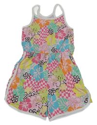 Světlerůžovo-barevný vzorovaný teplákový kraťasový overal s květy a lístečky Be You